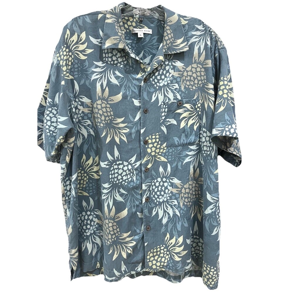 Geoffrey Beene Men's XL Washable Silk Blue Hawaiian Pineapple Button Down Shirt